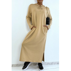 Longue robe sweat abaya camel à capuche - 3