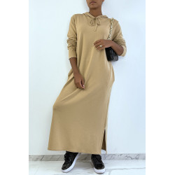 Longue robe sweat abaya camel à capuche - 6