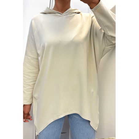 Sweat beige à capuche style asymétrique et loose avec fermeture sur le côté - 4