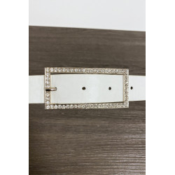 Ceinture blanche en simili avec boucle rectangulaire ornée de strass - 2