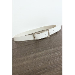 Ceinture blanche en simili avec boucle rectangulaire ornée de strass - 3