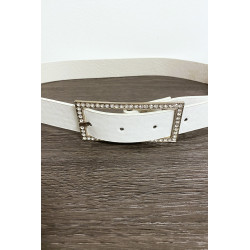 Ceinture blanche en simili avec boucle rectangulaire ornée de strass - 4