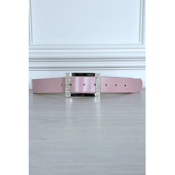 Ceinture simili rose avec boucle rectangle à strass - 1