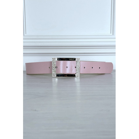 Ceinture simili rose avec boucle rectangle à strass - 1