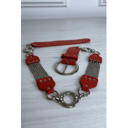 Ceinture rouge en simili avec chêne et accessoire argenté - 2