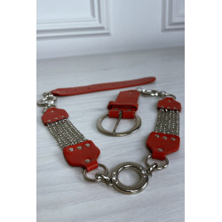 Ceinture rouge en simili avec chêne et accessoire argenté - 3