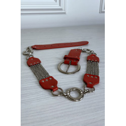 Ceinture rouge en simili avec chêne et accessoire argenté - 5