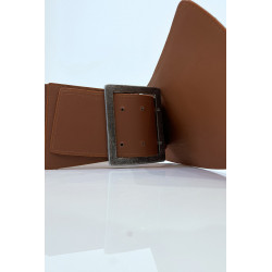 Ceinture asymétrique marron en tissus stretch et simili cuir et grosse boucle métallique - 3