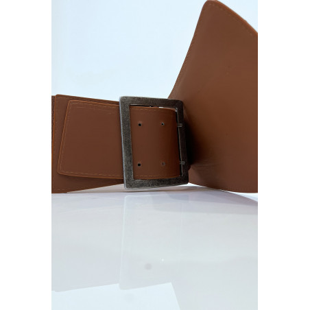 Ceinture asymétrique marron en tissus stretch et simili cuir et grosse boucle métallique - 3