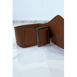 Ceinture asymétrique marron en tissus stretch et simili cuir et grosse boucle métallique - 4