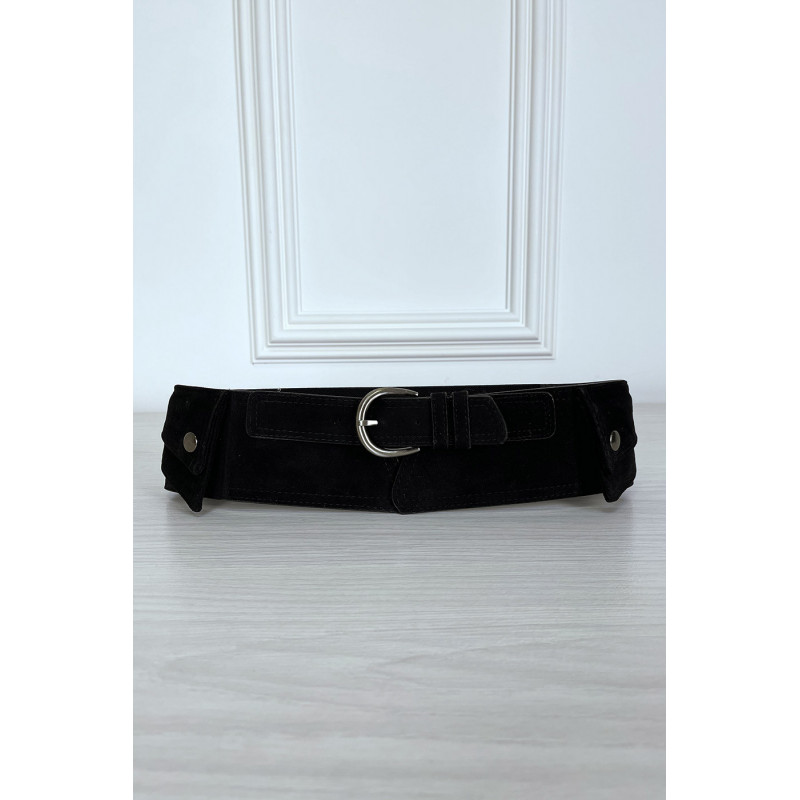 Ceinture noire en suédine avec pochette intégré sur les côtés - 1