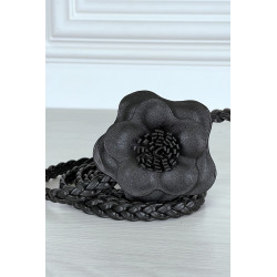 Ceinture tressée noire en simili avec fleur - 1