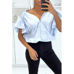 Blouse chemise bleu boutonnés à l'avant  avec volant aux manches et fronce aux épaules - 2