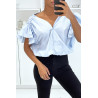 Blouse chemise bleu boutonnés à l'avant  avec volant aux manches et fronce aux épaules - 2