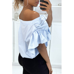 Blouse chemise bleu boutonnés à l'avant  avec volant aux manches et fronce aux épaules - 3