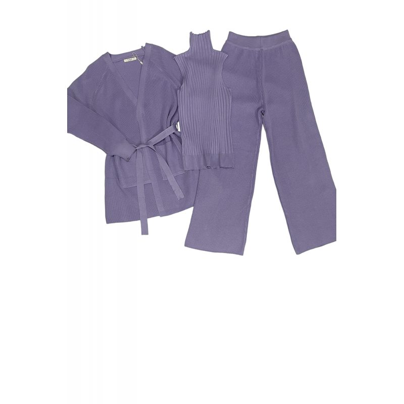 Ensemble 3 pièces gilet débardeur et pantalon palazzo violet - 1