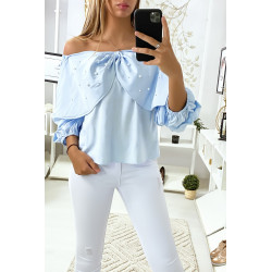 Blouse bleu avec papillons ornée de strass à l'avant - 2