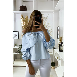 Blouse bleu avec papillons ornée de strass à l'avant - 3