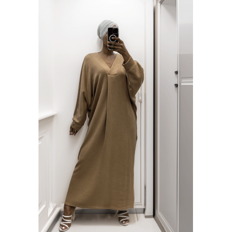 Longue robe pull over size col V Camel  - 4