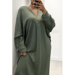 Longue robe pull over size col V kaki  - 2