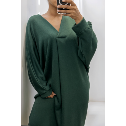 Longue robe pull over size col V vert  - 3