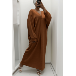 Longue robe pull over size col V cognac  - 2