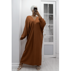 Longue robe pull over size col V cognac  - 4