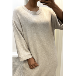 Longue robe pull over size col rond beige  - 1