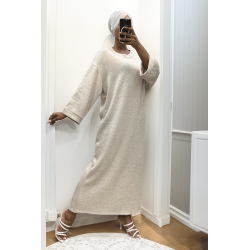 Longue robe pull over size col rond beige  - 2