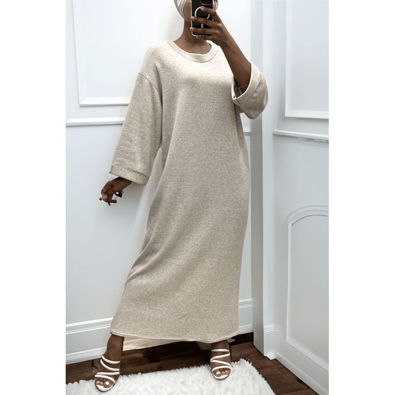 Longue robe pull over size col rond beige  - 4