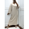 Longue robe pull over size col rond beige  - 4