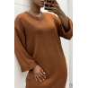 Longue robe pull over size col rond cognac  - 1