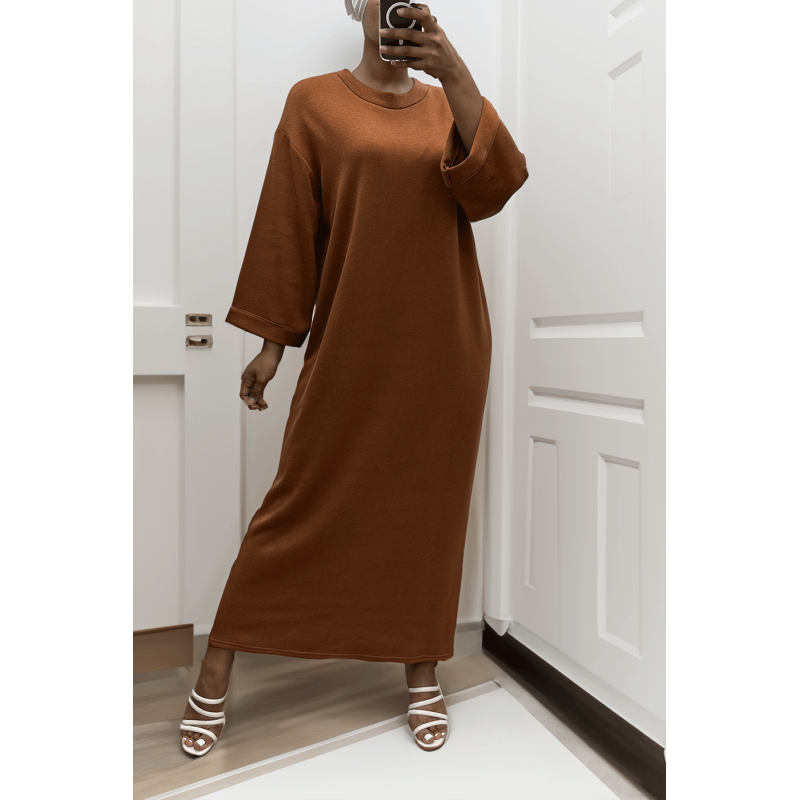 Longue robe pull over size col rond cognac  - 4