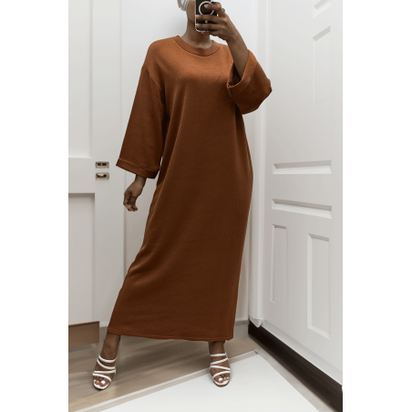 Longue robe pull over size col rond cognac  - 4