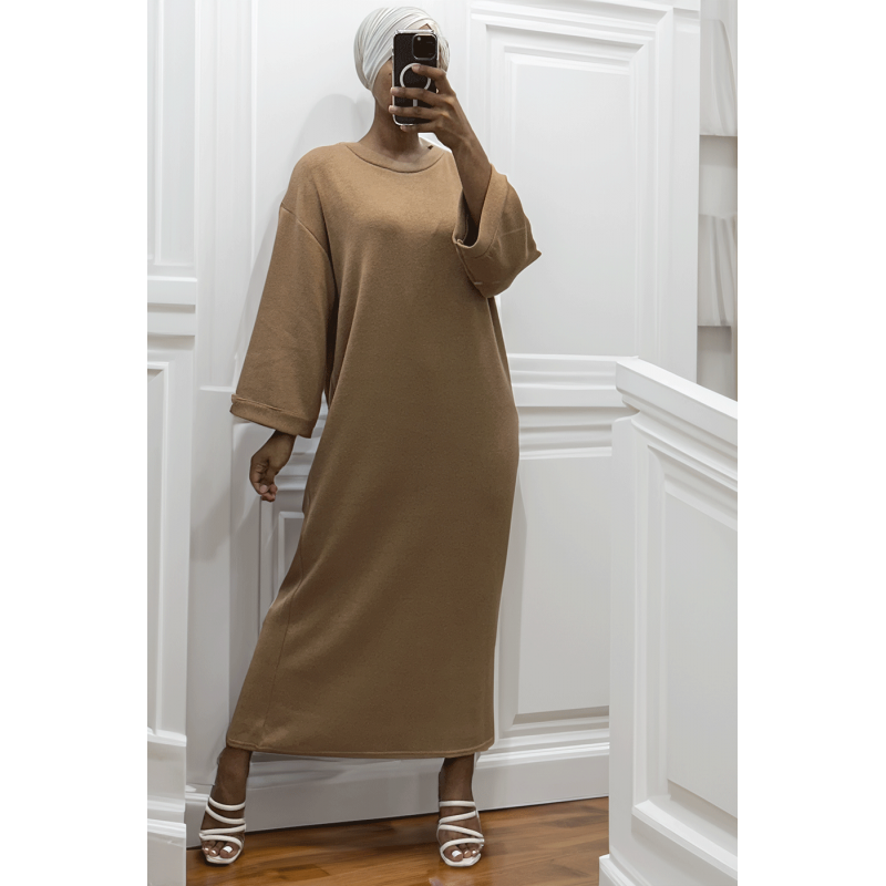 Longue robe pull over size col rond camel  - 3