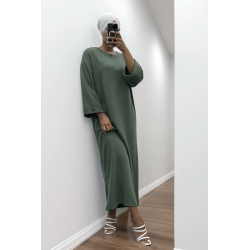 Longue robe pull over size col rond kaki - 2