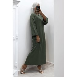 Longue robe pull over size col rond kaki - 3