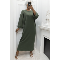 Longue robe pull over size col rond kaki - 4