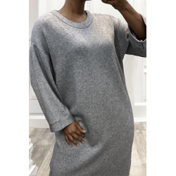 Longue robe pull over size col rond gris  - 1