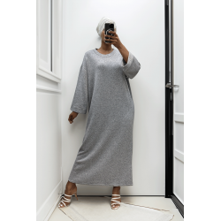 Longue robe pull over size col rond gris  - 2