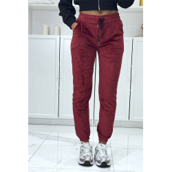 Pantalon jogging bordeaux en peau de pêche avec poches - 2