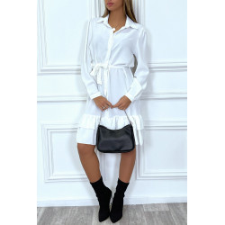 Robe tunique blanche manches longues boutonné avec volant - 1