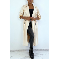 Manteau trench en suédine beige ajustable à la taille - 1