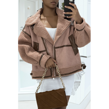 Blouson aviateur rose chaud et doux effet daim et moumoute parfait pour l'hiver - 4