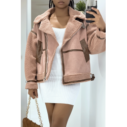 Blouson aviateur rose chaud et doux effet daim et moumoute parfait pour l'hiver - 5