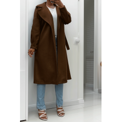 Long manteau marron avec ceinture et poches - 1