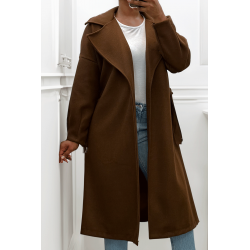 Long manteau marron avec ceinture et poches - 3