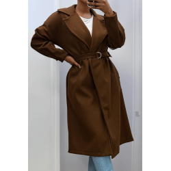 Long manteau marron avec ceinture et poches - 5