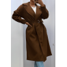 Long manteau marron avec ceinture et poches - 5