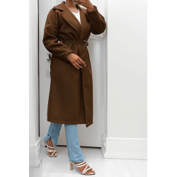 Long manteau marron avec ceinture et poches - 6